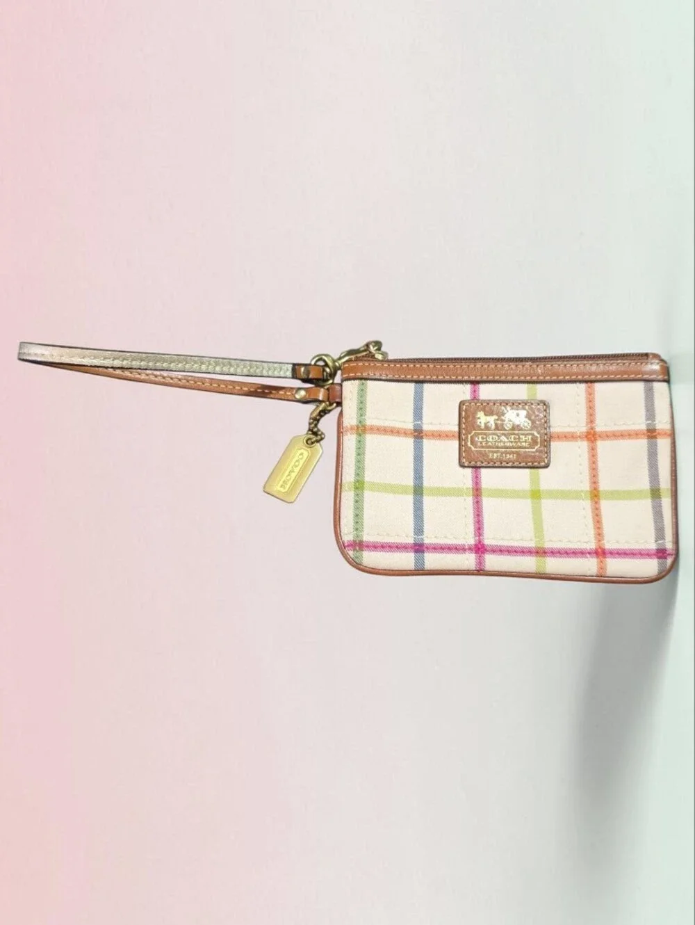 Coach Multicolor Tattersall Canvas Wristlet with Brown And GoldTrim